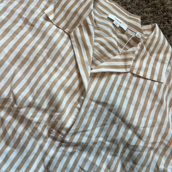 NWT Vince Coastal Stripe Shaped-Collar Shirt size large tan and white stripe - Picture 2 of 6